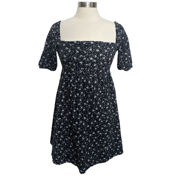 Anthro Maeve Size 4 Navy White Floral Eyelet Lace Puff Sleeve A-Line Mini Dress - Picture 1 of 10